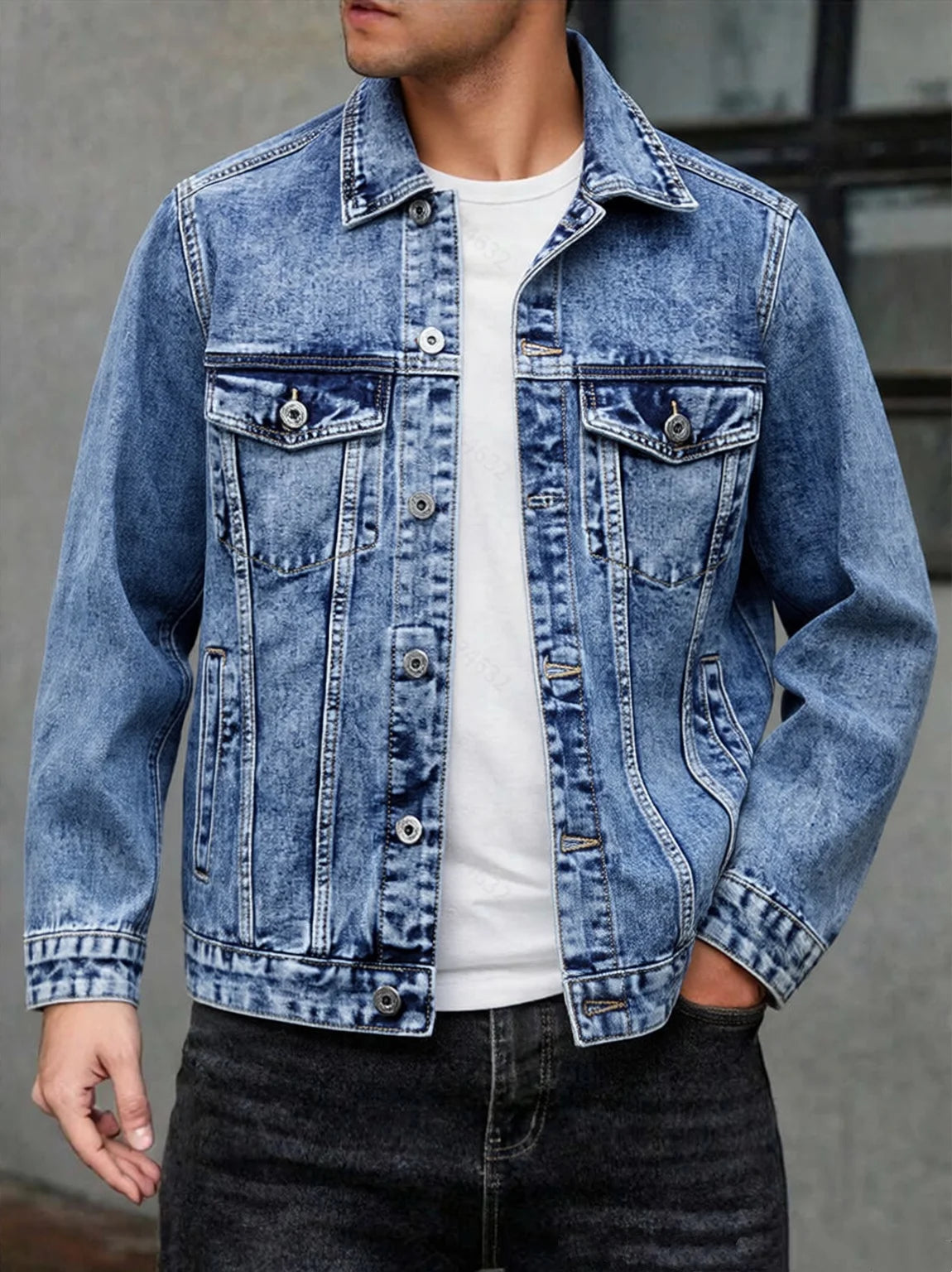 American style multi pocket denim jacket for men blue grey vintage washed loose fitting versatile trendy workwear jacket