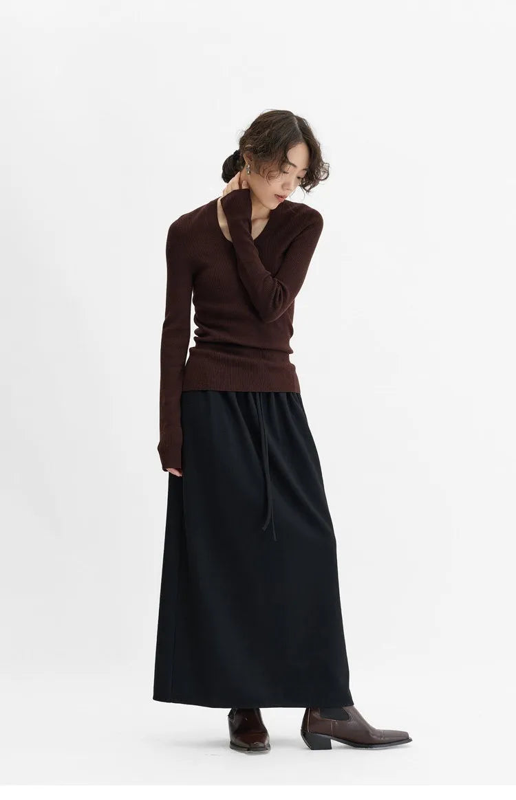 Elegant 100% Wool Elastic-Waist Skirt