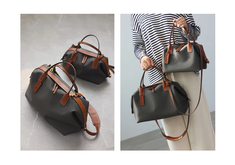 Women's Nylon With Genuine Leather Zipper Tote Lightweight Soft Travling Bags Versatile Style Handbag Different Colors And Size