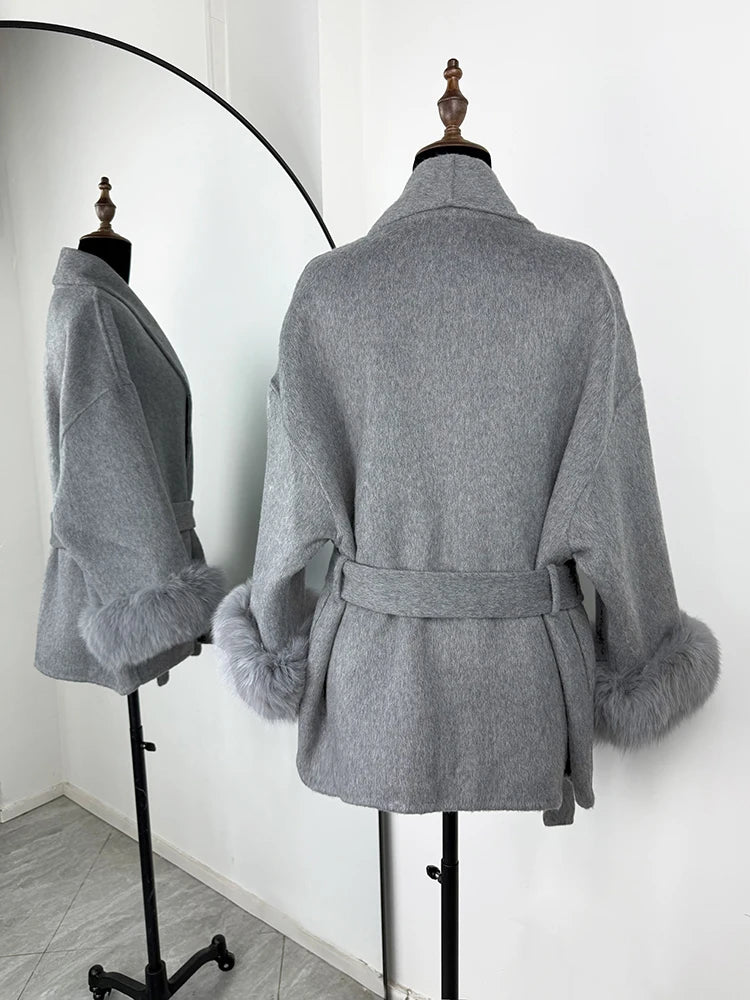 Elegant Fox Fur & Double-Sided Wool Coat