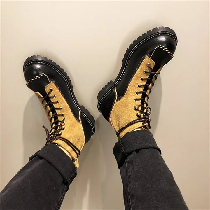 KOWM Hiking shoes men's cowhid boots British leather trekking shoes thick soled ankle sneakers cowhide high top motorcycle boots
