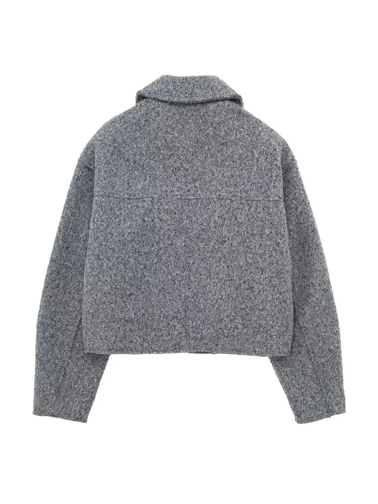 Willshela Women Fashion With Pockets Grey Front Zipper Jackets Vintage Lapel Neck Long Sleeves Female Chic Lady Outfits