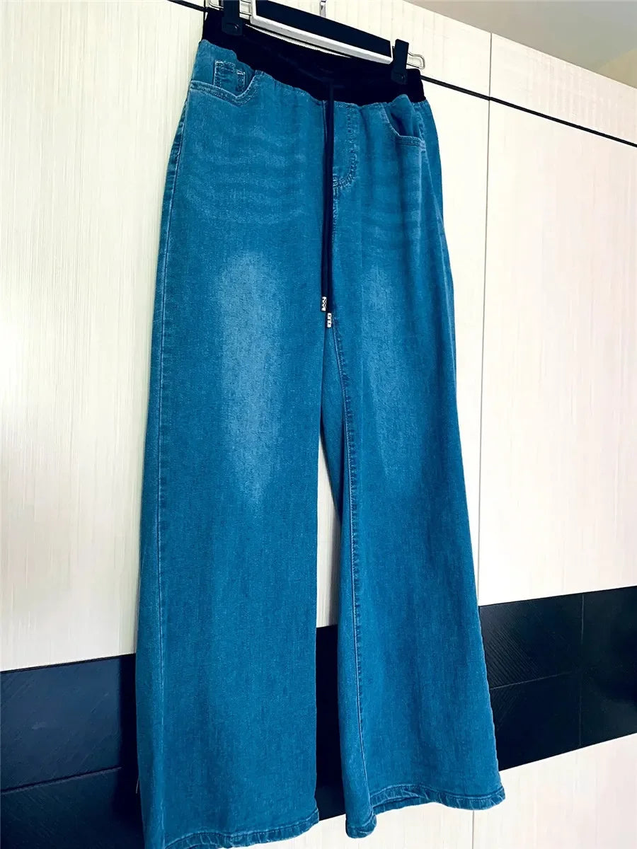 Winter Wide Leg Denim Pants Women Thicken Plush Velvet Lined High Waist Jeans Lace Up Warm Baggy Straight Vaqueros Pantalones