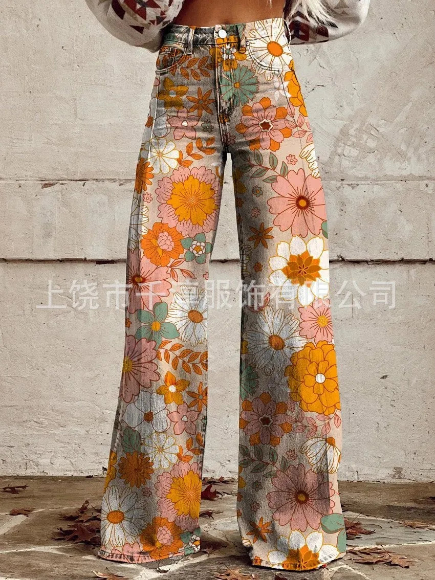 Women's 3D Print Wide-Leg "Jeans" – Trendy Low-Waist Flare Pants