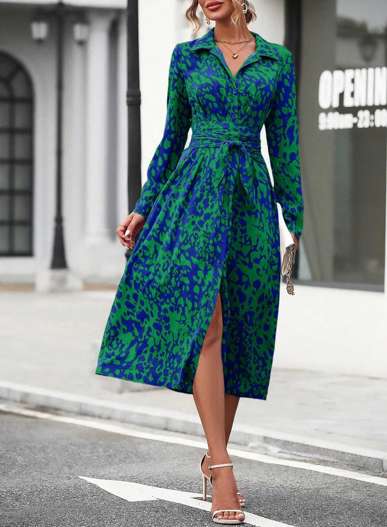 Elegant Print Belted Midi Dress