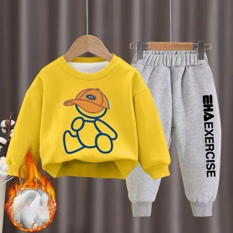 Kids' Winter Cartoon Bear Fleece Tracksuit