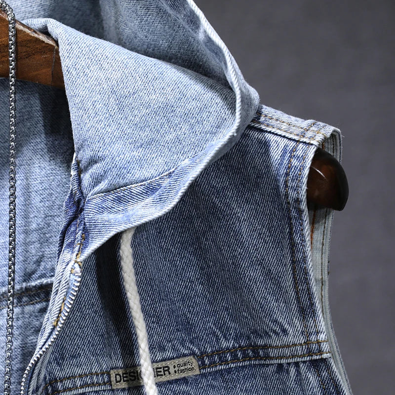New Men's Loose Workwear Denim Vest with Hood Sleeveless Everyday Versatile Shoulder Pad Jacket Casual Unisex Outerwear