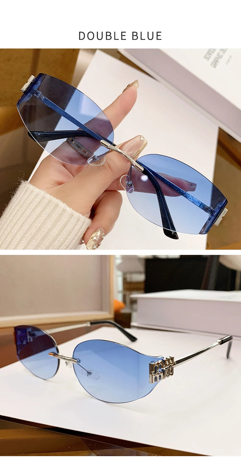 Oversized Rimless Oval Sunglasses – UV400 Metal Frame