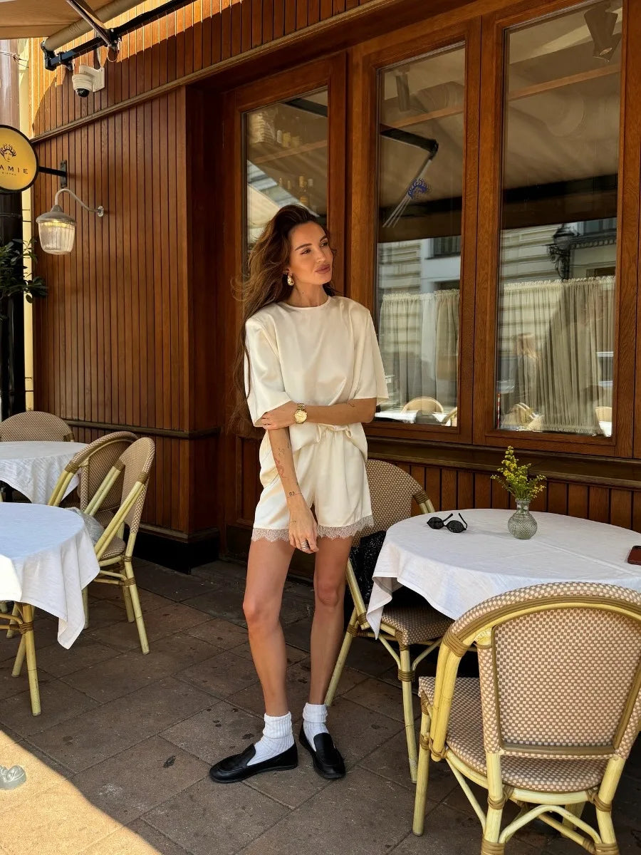 Hirsionsan Loose Sets Women Two Pieces Short Tops & Lace Patchwork Shorts Elegant Female High Quality Outfits Soft Tracksuit