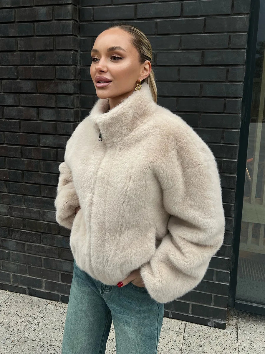 Bornladies New Women's Faux Fur Jacket Zipper Warm Plush Coat Oversized Soft Fluffy Stand Up Collar Autumn Winter Casual Jacket