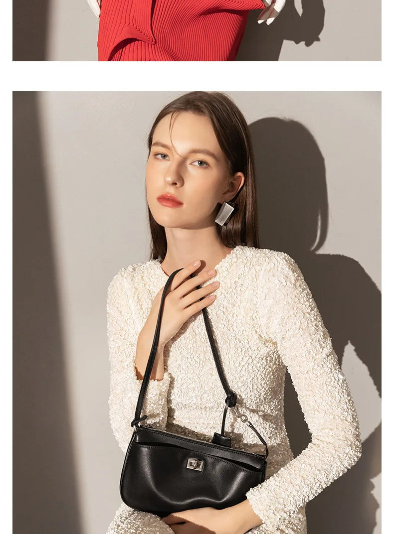 2026 Spring New Luxury Brand Women Shoulder Bags Split Leather Black Handbags Women Fashion Gold Buckle Underarm Bags