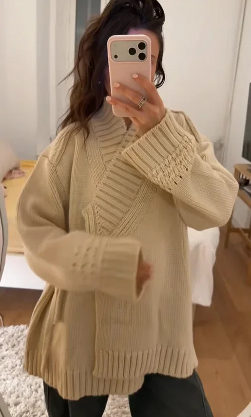 Chic V-neck Knitted Lace-up Women Cardigan Elegant Solid Full Sleeve Loose Cropped Sweater 2026 Lady Commute Office Cardigans
