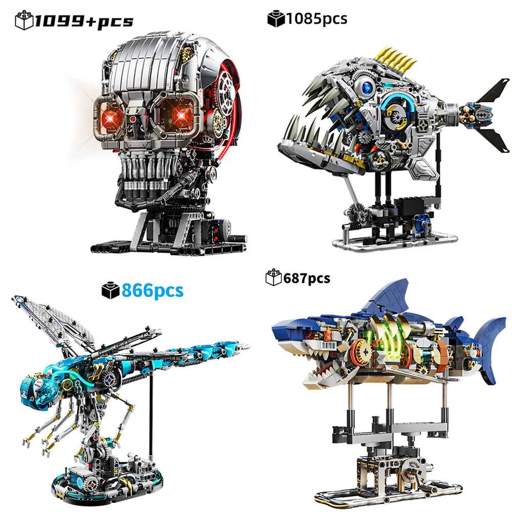 Mechanical Animal Technical Building Blocks, Light MOC Assembly Bricks, Shark Dragonfly Skull Piranha 4 Styles Adults Kids Gift