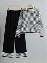 Women's Plaid Knit 2-Piece Set: Button-Down Cardigan & High-Waist Wide Leg Pants