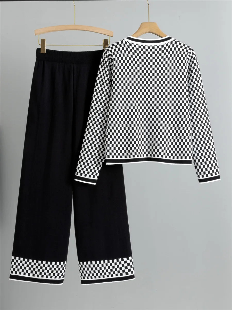 Women's Plaid Knit 2-Piece Set: Button-Down Cardigan & High-Waist Wide Leg Pants