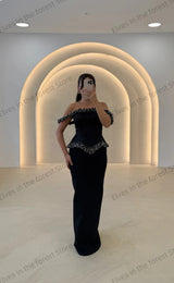 Blue Mermaid Off-Shoulder Evening Gown with Pearl Beading
