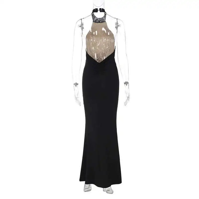 Lace Halter Backless Maxi Dress - Off-Shoulder Bodycon Party Gown