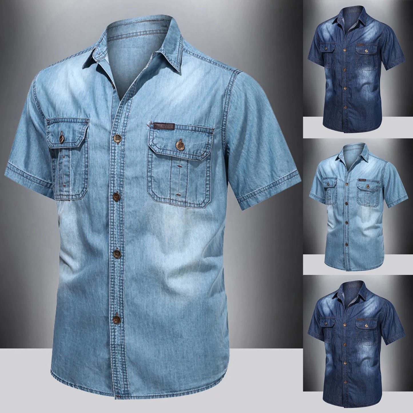 Vintage Street Denim Shirts For Men Male Summer Solid Shirt Short Sleeve Pocket Turn Down Button Shirt Hemden FüR MäNner