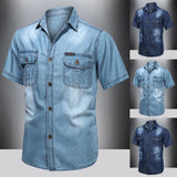 Vintage Street Denim Shirts For Men Male Summer Solid Shirt Short Sleeve Pocket Turn Down Button Shirt Hemden FüR MäNner