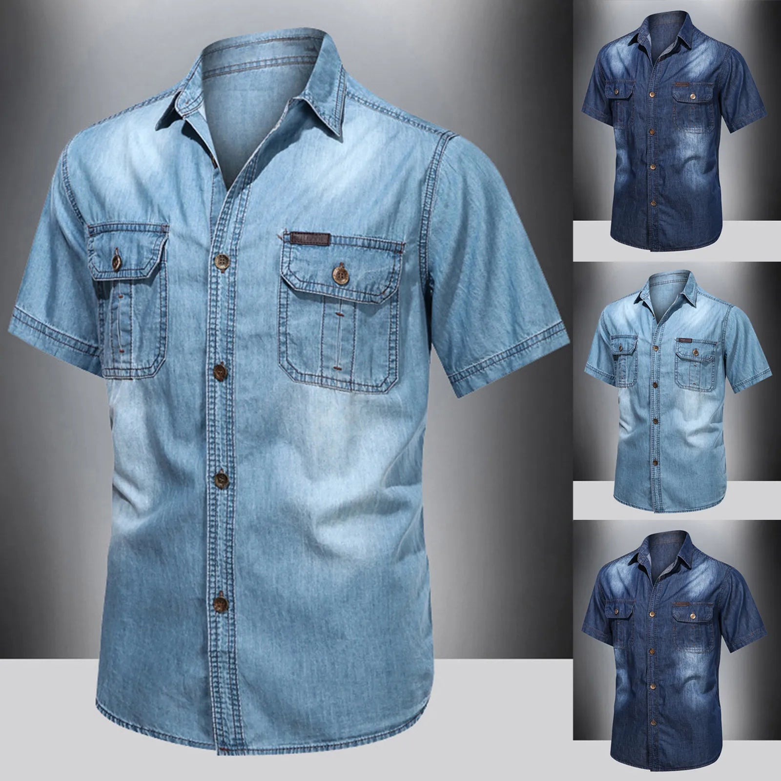 Vintage Street Denim Shirts For Men Male Summer Solid Shirt Short Sleeve Pocket Turn Down Button Shirt Hemden FüR MäNner