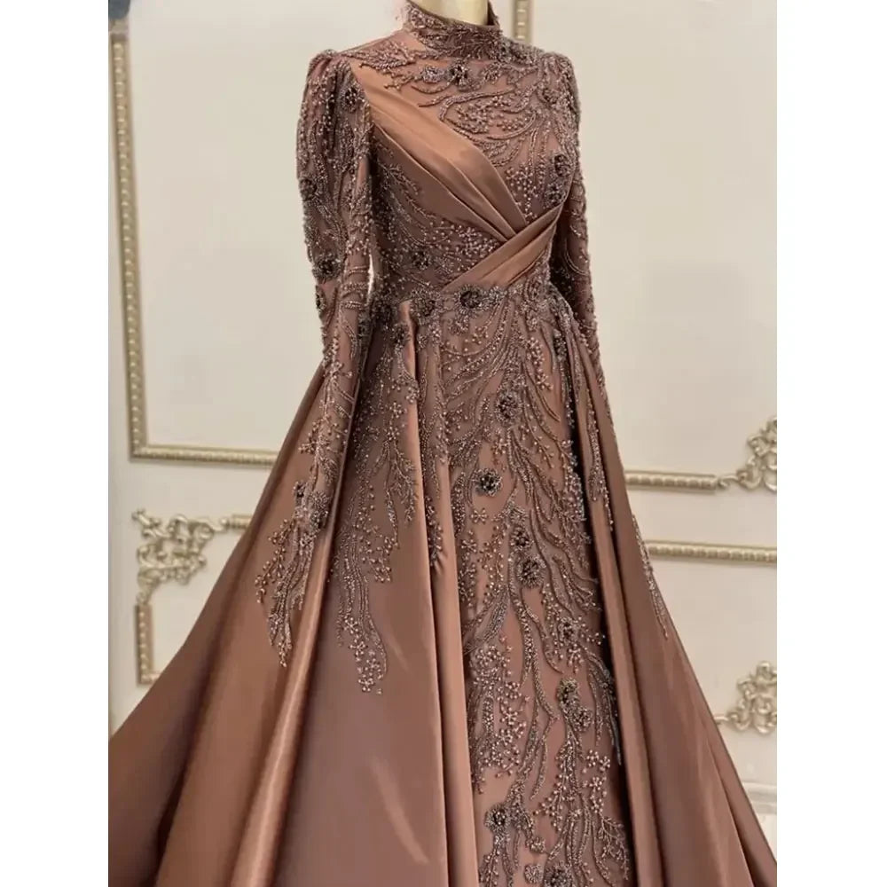 Muslim High Collar Long Sleeve Evening Dress Satin Lace Beaded Ball Dress Formal Party Dress Robe Customization