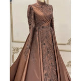 Muslim High Collar Long Sleeve Evening Dress Satin Lace Beaded Ball Dress Formal Party Dress Robe Customization