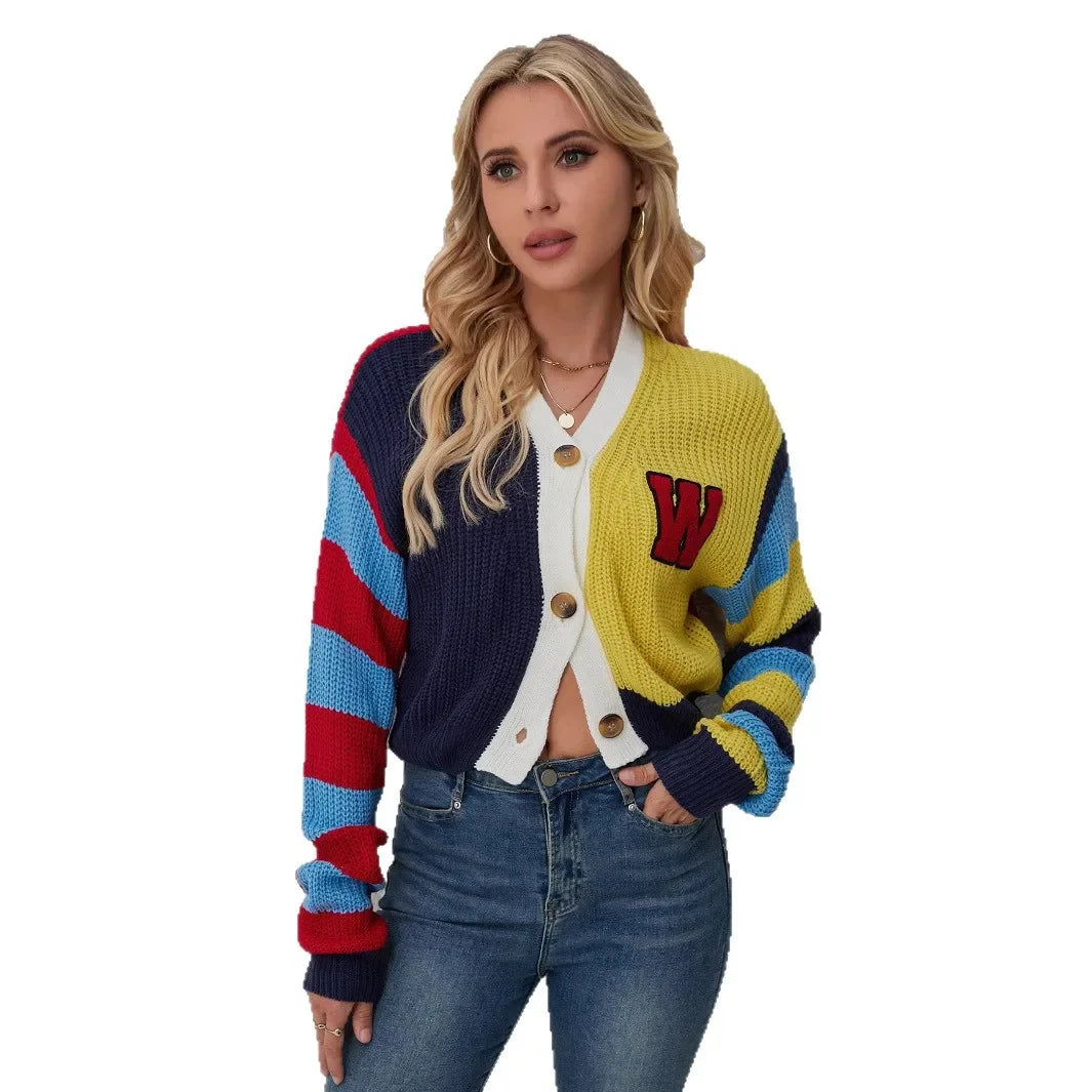 Colorful Striped Letter Knit Vest & Coat Set