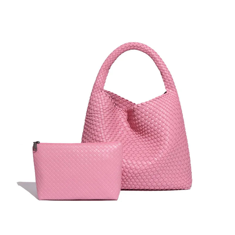 2025 Women Bag Luxury PU Leather Handbag Lady Fashion Handmade Knitting Tote Female Hand-woven Basket Shoulder Bag with Purse