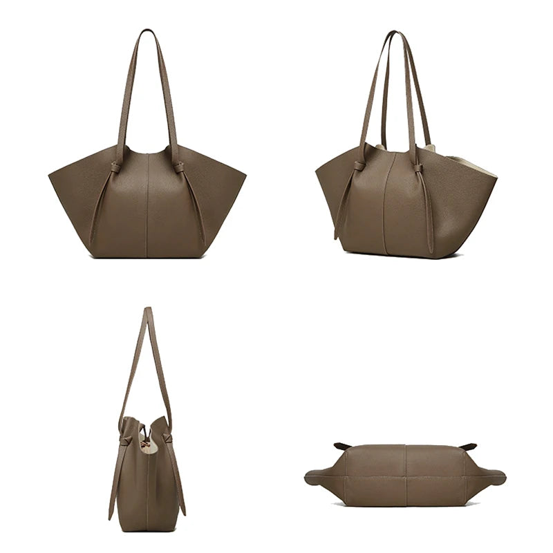 New Women's Large Capacity Cowhide Tote Fashionable Bat Wing Design Genuine Leather Handbag for Commuting Versatile Ladies Bag