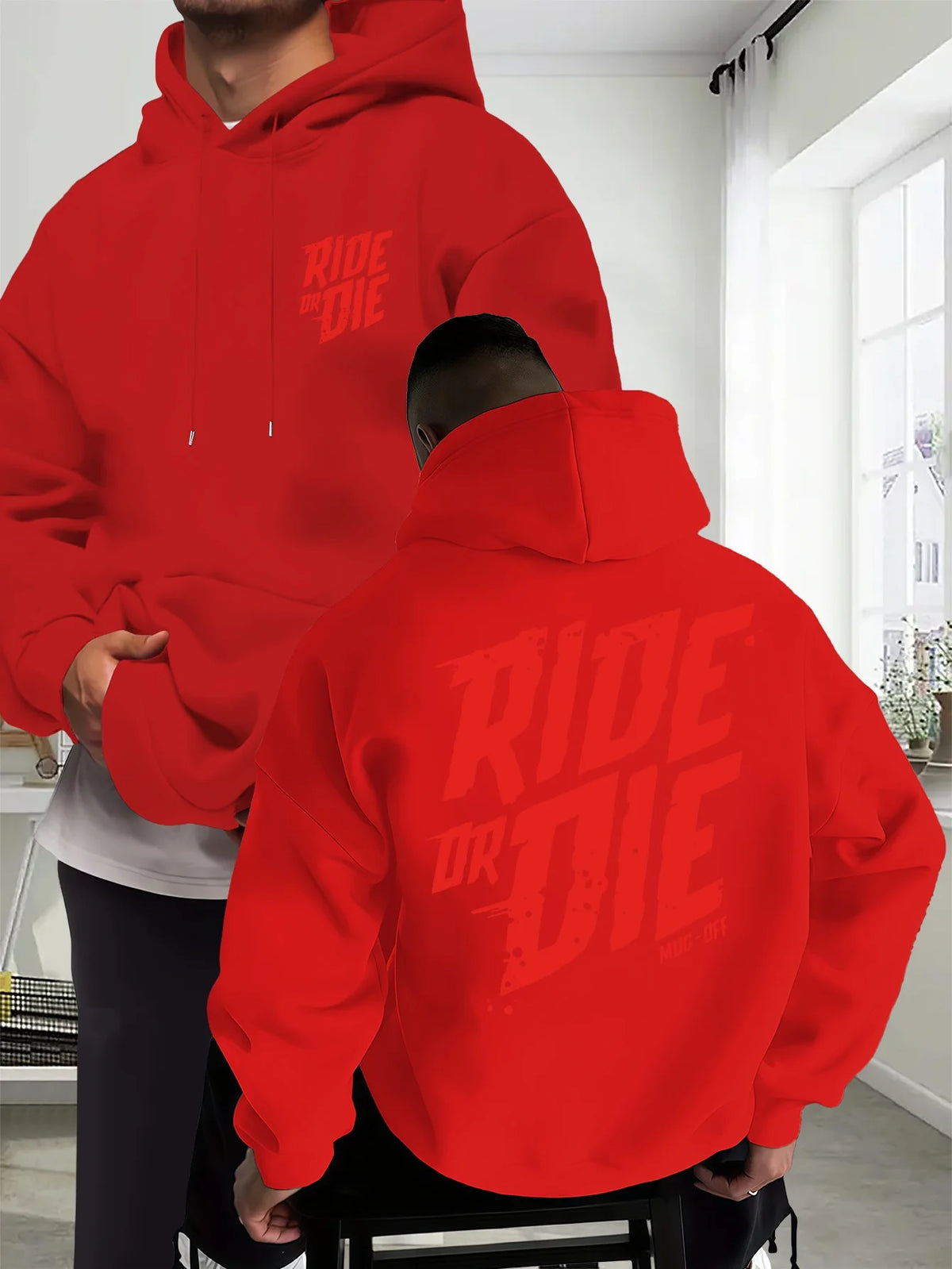 Men's Biker Hoodie Ride Or Die Letter Graphic Back Print Oversized Sweatshirt Motorcycle Streetwear Autumn Winter