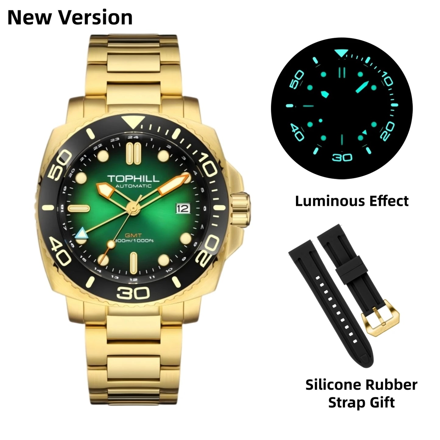 TOPHILL 43mm NH34 GMT Men Watch Automatic Mechanical Wristwatch 300M Dive Sapphire Ceramic Bezel Luxury Luminous 3H Date TD012G