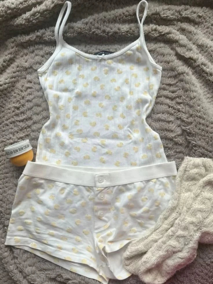 Strawberry Vest Shorts 2 Pieces Set Woman Eyelet Bow Slim Tank Top with Elastic Waist Patchwork Straight Short Pant Sweet Sets
