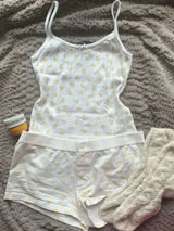 Strawberry Vest Shorts 2 Pieces Set Woman Eyelet Bow Slim Tank Top with Elastic Waist Patchwork Straight Short Pant Sweet Sets