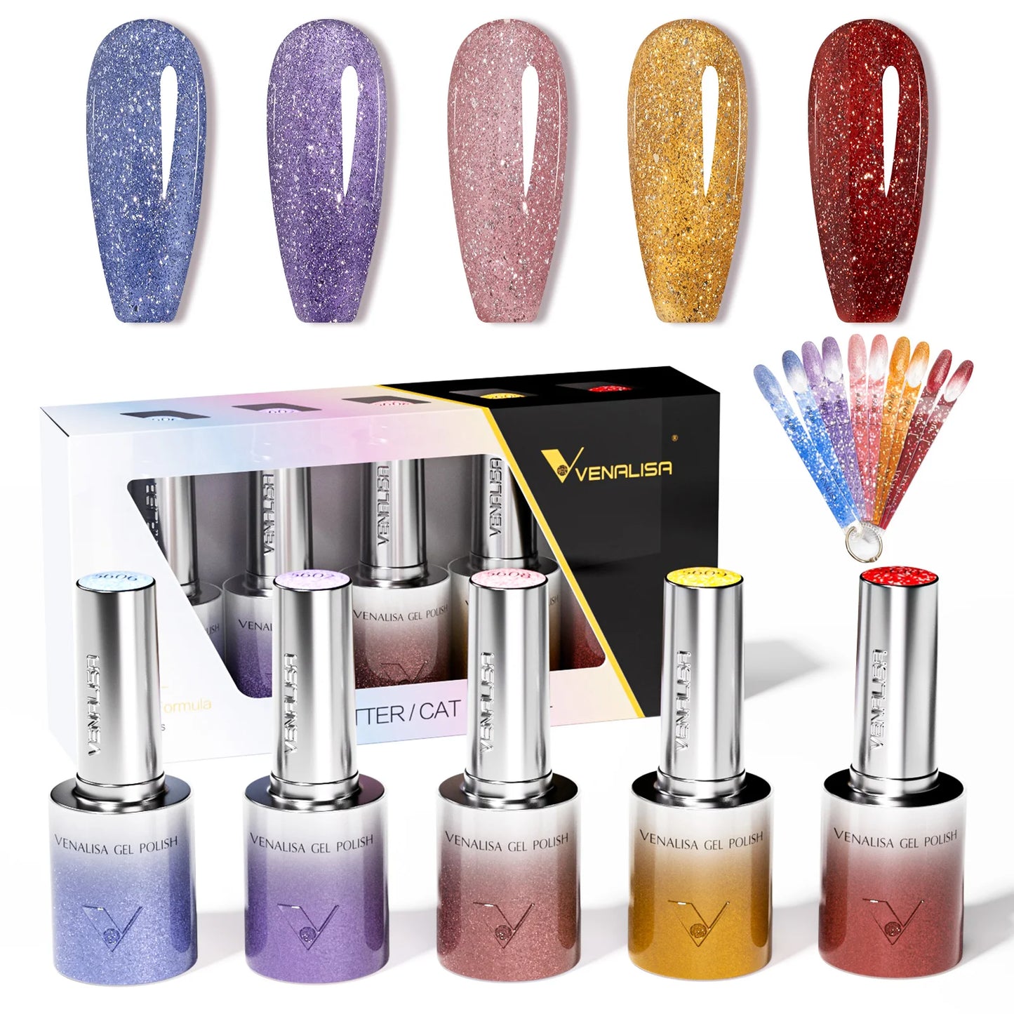 5pcs Venalisa Hema/TPO Free Cat Eye Nail Gel Polish Color Palette Kit Ultra Glitter Diamond Sparkle Soak Off UV LED Varnish Set