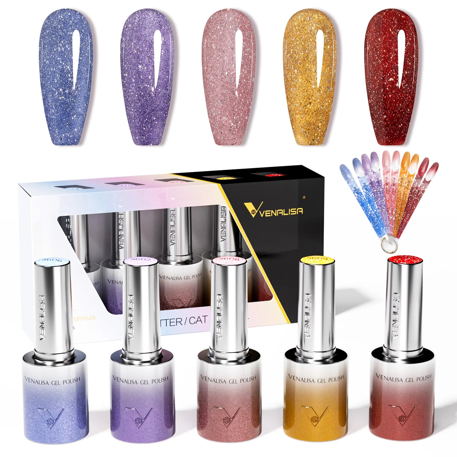 5pcs Venalisa Hema/TPO Free Cat Eye Nail Gel Polish Color Palette Kit Ultra Glitter Diamond Sparkle Soak Off UV LED Varnish Set