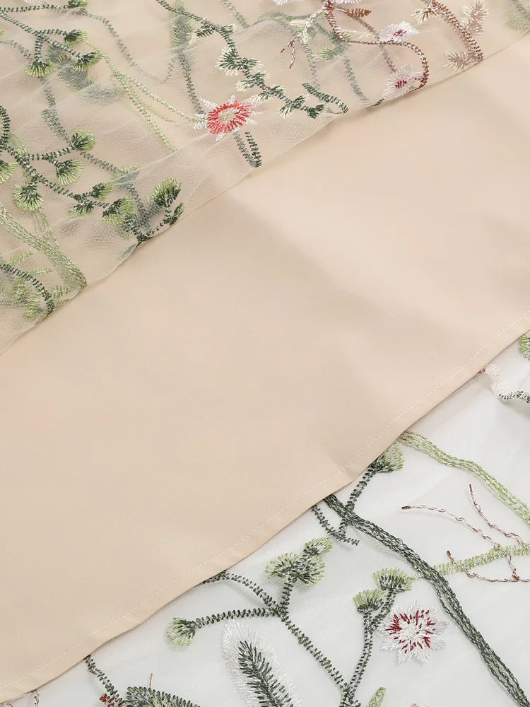 Tonval Floral Embroidered Mesh Midi Skirt – Elegant & Vintage