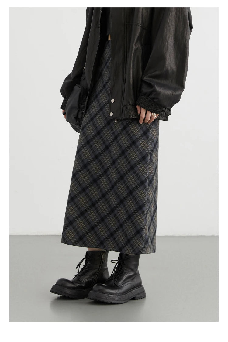 CHIC VEN Women Long Skirt Casual New Sweet Cool Style High Waist Slit Plaid Half Skirt Straight Tube Skirts Spring Autumn 2024