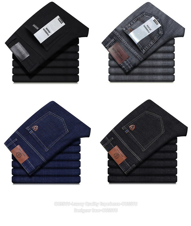 OUSSYU Brand Classic Retro Blue Men's Jeans Denim Pants Work Streetwear Straight Stretch Business Autumn Winter Cotton Trousers