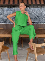 Spring Summer 2025 Women Holiday Linen Pant Set Crop Tops Solid Outfits 2 Two Piece Matching Set For Women