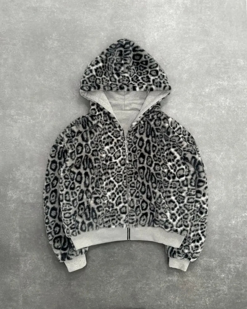Leopard Print Two Sides Retro Fashion Wearing Loose Zipper Hoodie Men High Street Trend Punk Casual Oversized Sweatshirts Women