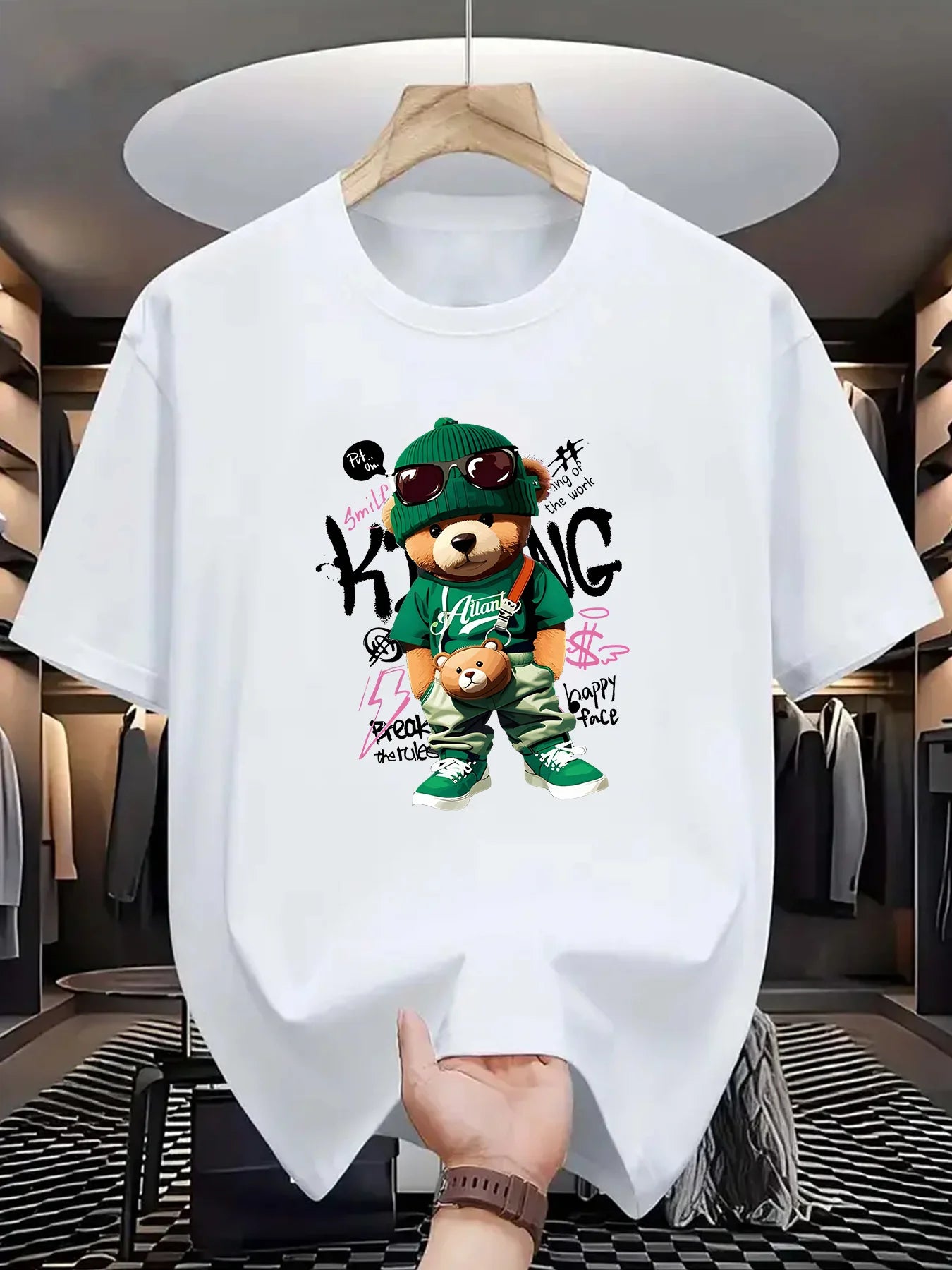 Men’s Geometric Bear Print 100% Cotton Oversized T-Shirt