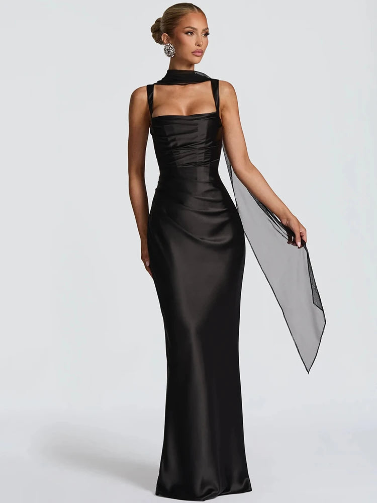Elegant Backless Satin Maxi Dress – Sleeveless Halter Bodycon Party Gown