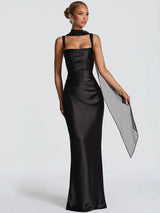 Elegant Backless Satin Maxi Dress – Sleeveless Halter Bodycon Party Gown