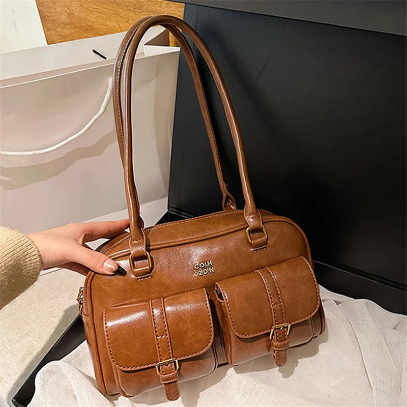 Women’s Coffee Brown Multi-Pocket Shoulder Bag | Vintage PU Leather Crossbody