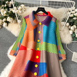 Miyake Pleated Drape Dress – Colorblock Print, 3/4 Sleeve