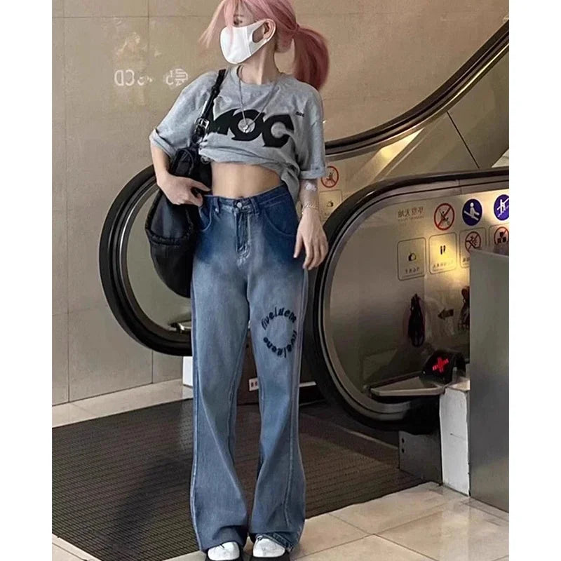 Lace Teddy Bear Patchwork Wide-Leg Jeans