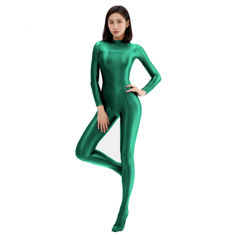 Glossy Long Sleeve Full-Length Jumpsuit
