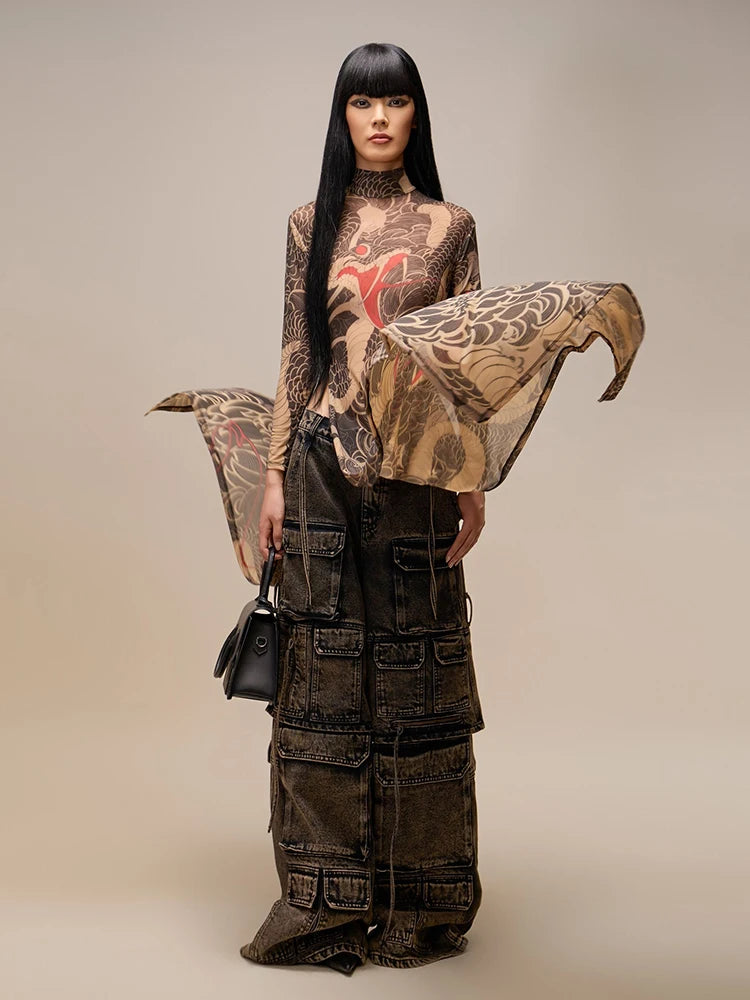 Women's Print Stand Collar Long-Line Slim Dress