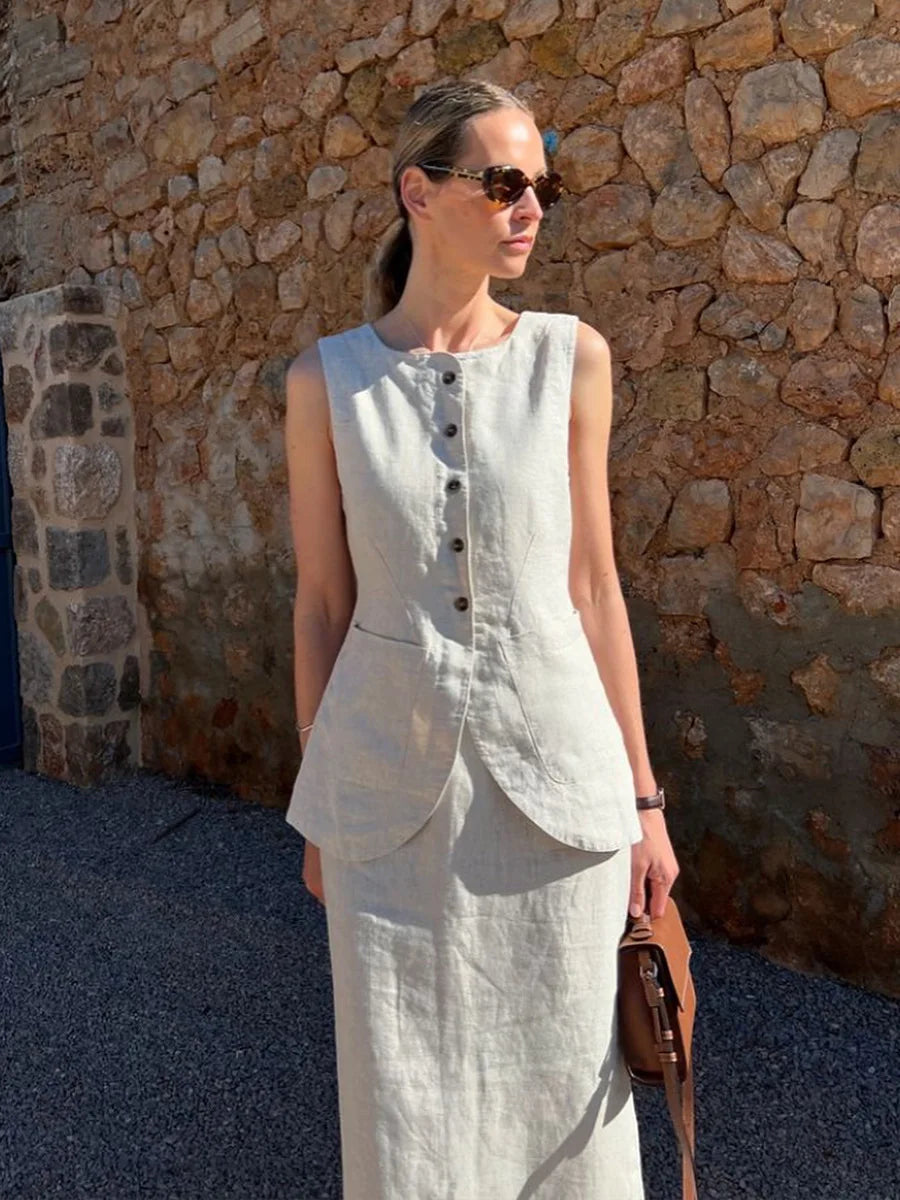 Bornladies Women's Sleeveless Vest High Waisted Skirt Set Spring Summer New Linen Casual Suit Fashion Office Lady Vest Set
