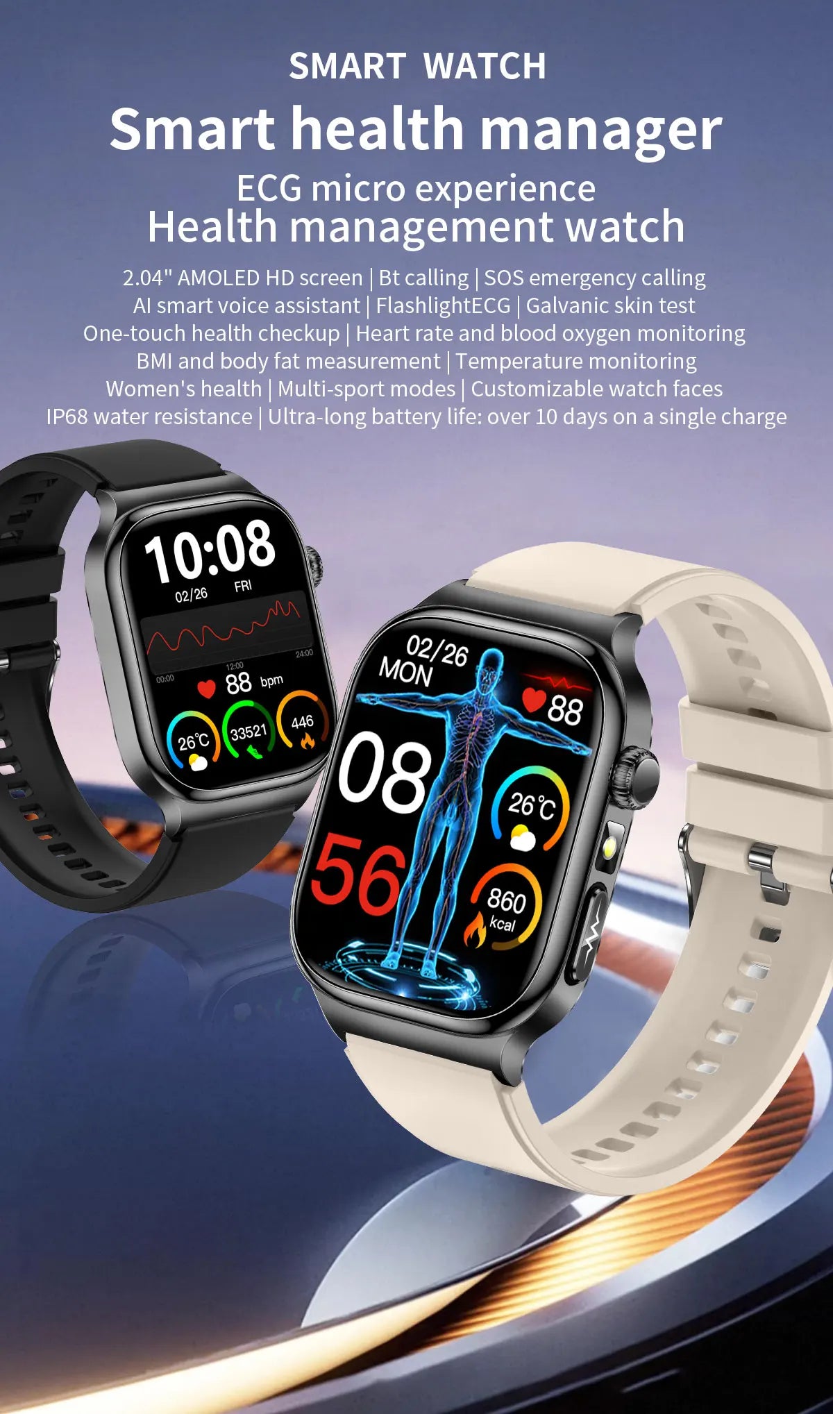 2026 New Accurate Diagnosis Smart Watch Body Fat ECG Blood oxygen BP Health Sport HD AMOLED Screen Call Smart Watches man woman